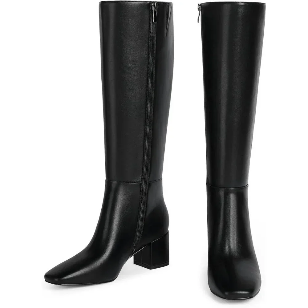 Women's Black Knee High Boots Square Toe Tall Chunky Heel Rubber